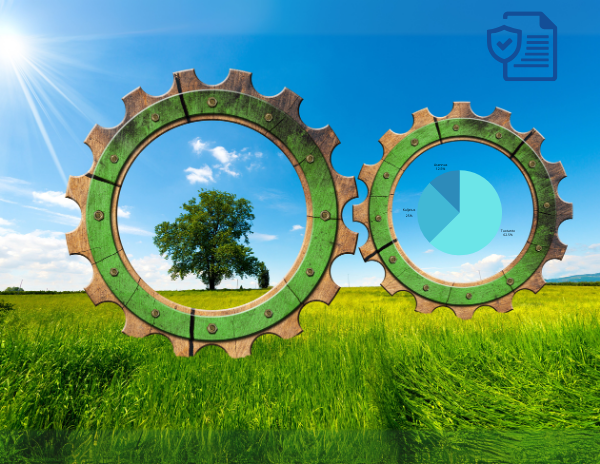 Kuvituskuva EPD- ympäristöselosteesta. Kuvassa on kaksi ratasta, ympyrägraafi ja dokumentti-symboli